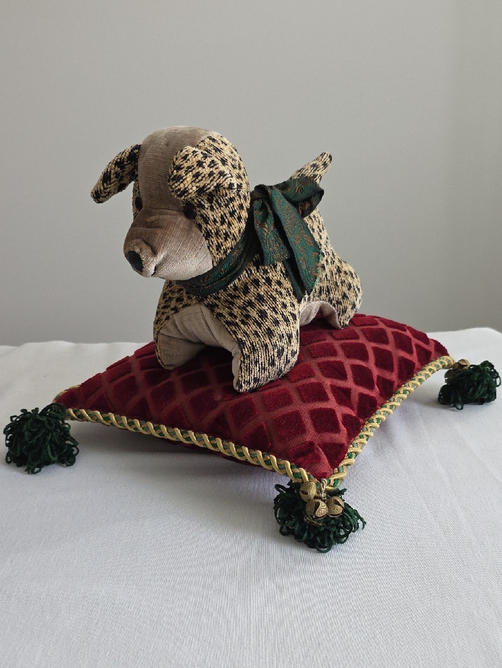 Handmade Plush Patterned Dog Accent Pillow Home Decor Festive Conversation Piece
